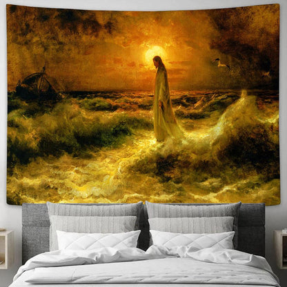 Jesus Walking On Water Tapestry Pictures - Faith Art - Christian Tapestry Wall Art Decor