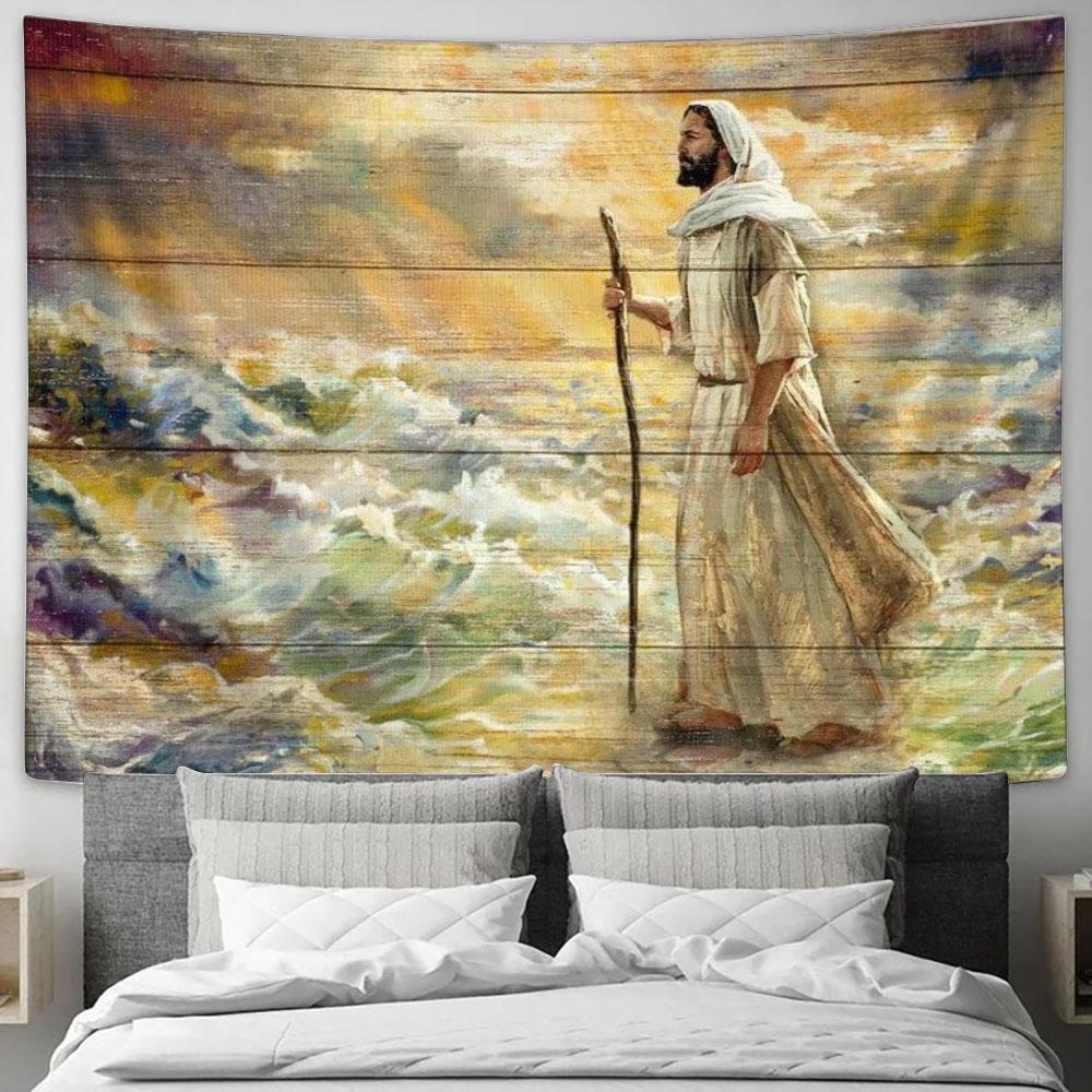 Jesus Walking On Water, Watercolor Painting Tapestry, Tapestries for Living Room Bedroom