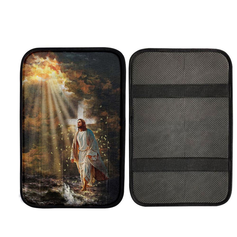 Jesus Walking On Water Yellow Butterfly Car Center Console Cover, God Car Armrest Accessories