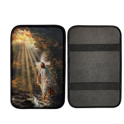 Jesus Walking On Water Yellow Butterfly Car Center Console Cover, God Car Armrest Accessories