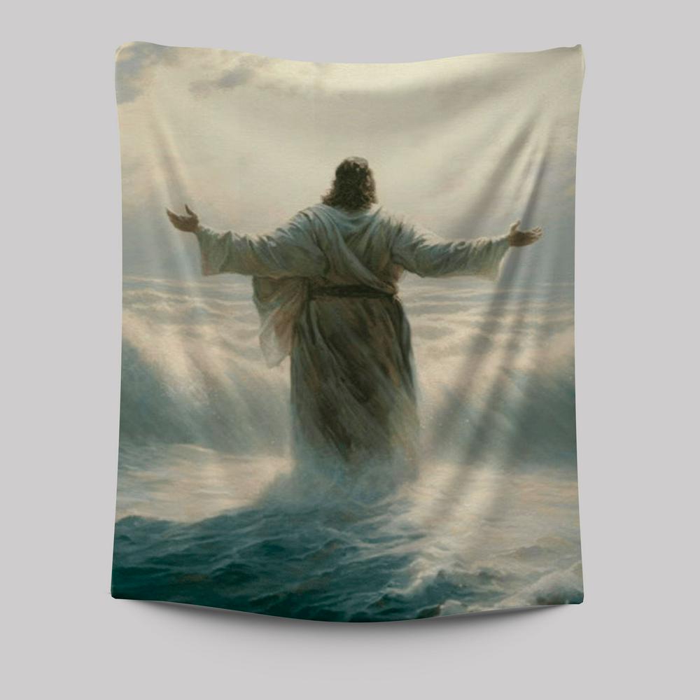 Jesus Walking Through The Sea Tapestry Pictures - Christian Wall Art - Jesus Tapestry Art