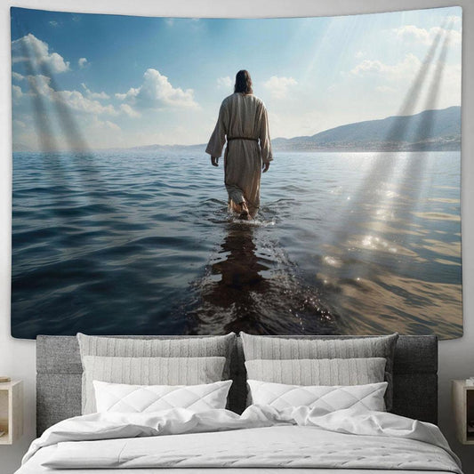 Jesus Walking Water With Sun Shining Him Tapestry Pictures - Faith Art - Christian Tapestry Wall Art Decor
