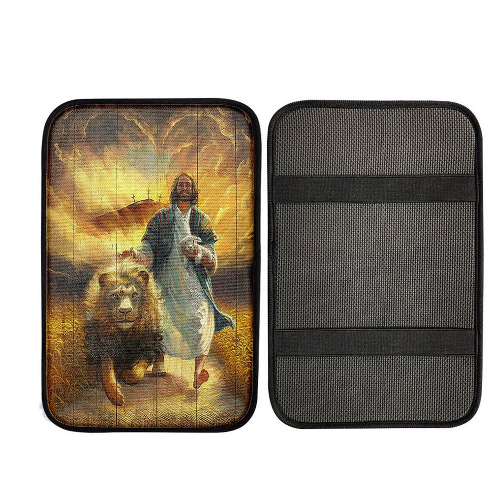 Jesus Walking With Lamb And Lion Car Center Console Cover, Christian Car Armrest Accessories
