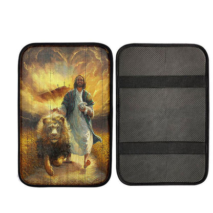 Jesus Walking With Lamb And Lion Car Center Console Cover, Christian Car Armrest Accessories
