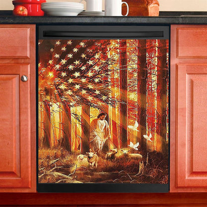 Jesus Walking With Lamb And Lion Dishwasher Cover, Christian Dishwasher Wrap, Bible Verse Kitchen Decoration