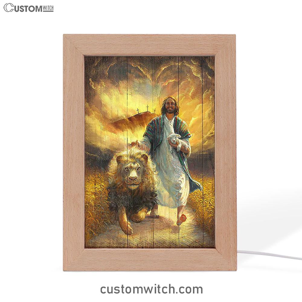 Jesus Walking With Lamb And Lion Frame Lamp Art - Christian Art - Bible Verse Art - Religious Home Decor