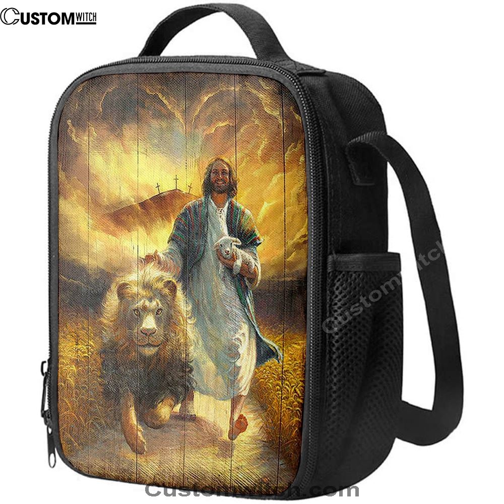 Jesus Walking With Lamb And Lion Lunch Bag, Christian Lunch Box For School, Picnic