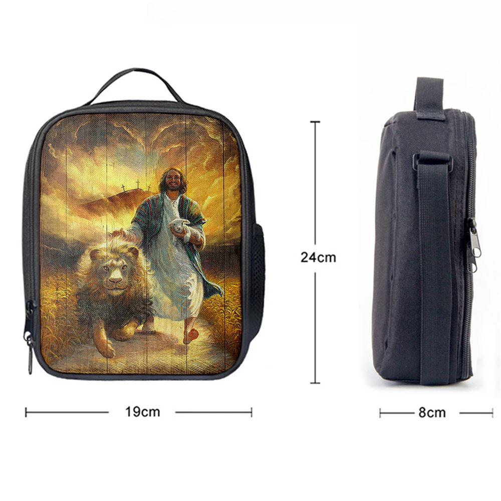 Jesus Walking With Lamb And Lion Lunch Bag, Christian Lunch Box For School, Picnic