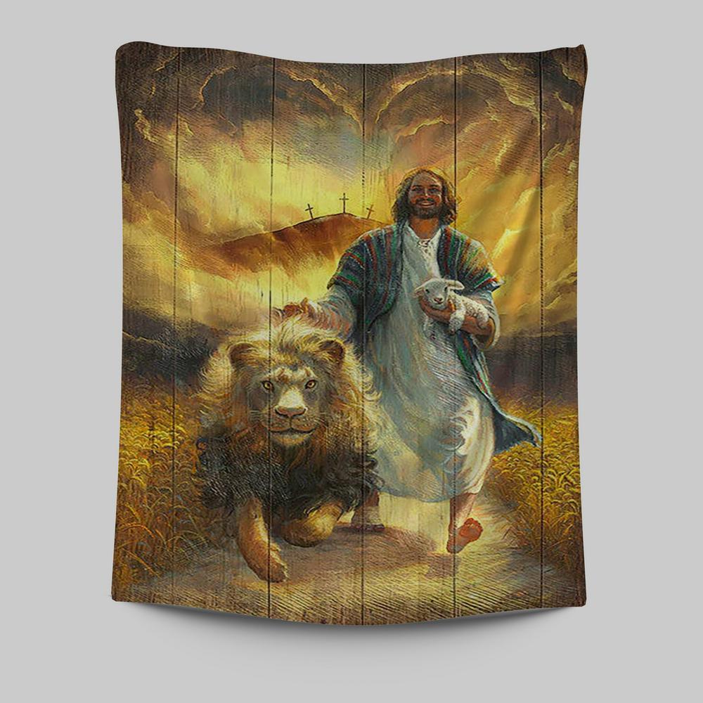Jesus Walking With Lamb And Lion Tapestry Art - Christian Art - Bible Verse Wall Art - Religious Home Decor