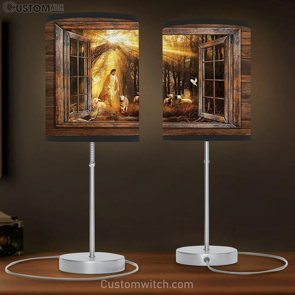 Jesus Walking With Lambs Into The Beautiful Forest Table Lamb Art - Christian Lamb Gift Decor - Bible Verse Table Lamb