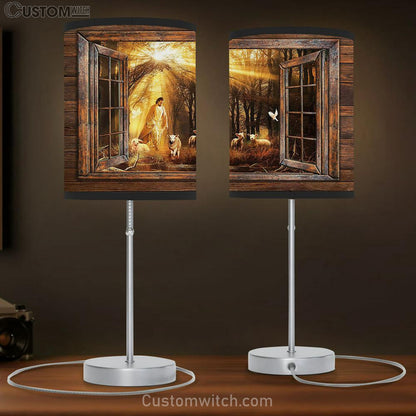 Jesus Walking With Lambs Into The Beautiful Forest Table Lamb Art - Christian Lamb Gift Decor - Bible Verse Table Lamb