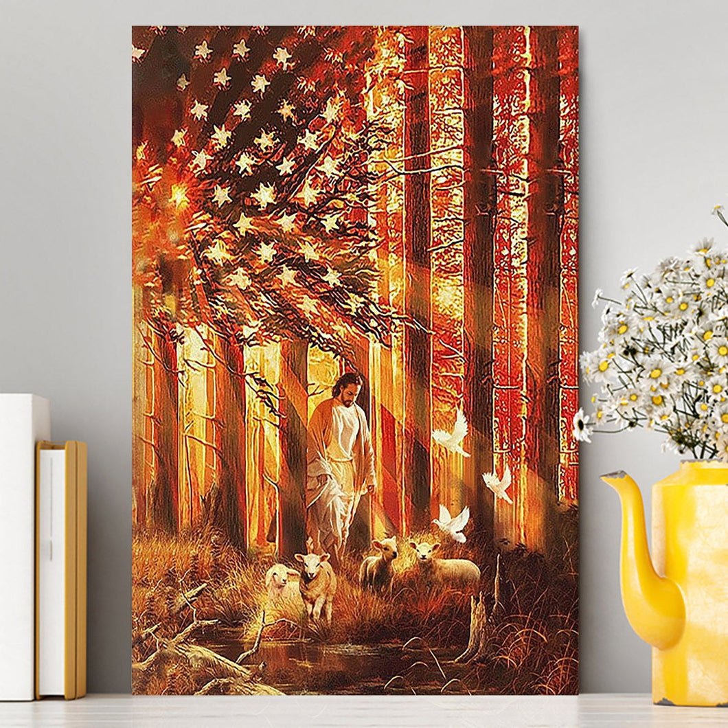Jesus Walking With The Lambs In Forest Canvas Art - Christian Art - Bible Verse Wall Art - Religious Home Decor