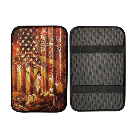 Jesus Walking With The Lambs In Forest Car Center Console Cover, Religious Car Interior Accessories