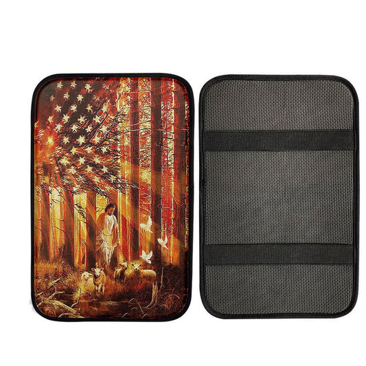 Jesus Walking With The Lambs In Forest Car Center Console Cover, Religious Car Interior Accessories