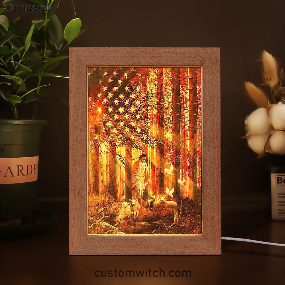 Jesus Walking With The Lambs In Forest Frame Lamp Art - Christian Art - Bible Verse Art - Religious Home Decor