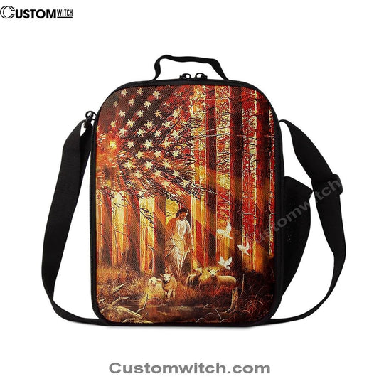 Jesus Walking With The Lambs In Forest Lunch Bag, Christian Lunch Box For School, Picnic