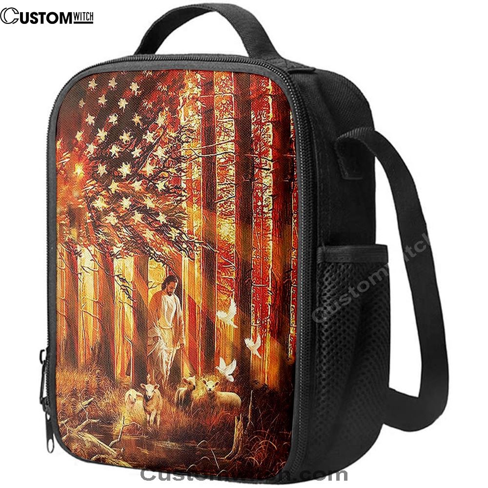 Jesus Walking With The Lambs In Forest Lunch Bag, Christian Lunch Box For School, Picnic