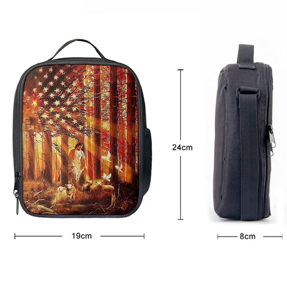 Jesus Walking With The Lambs In Forest Lunch Bag, Christian Lunch Box For School, Picnic