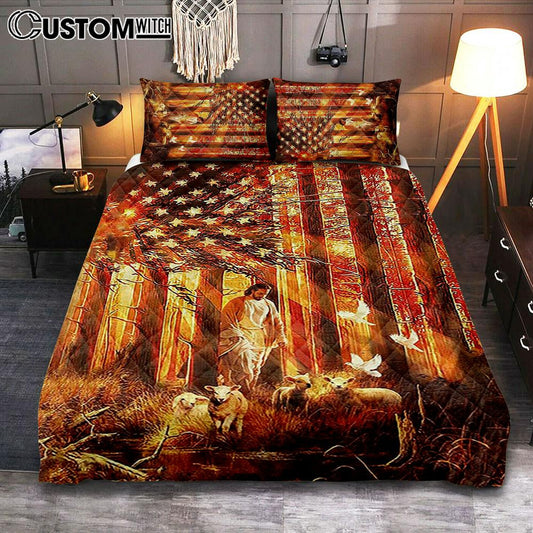 Jesus Walking With The Lambs In Forest Quilt Bedding Set Art - Christian Art - Bible Verse Bedroom - Religious Home Decor