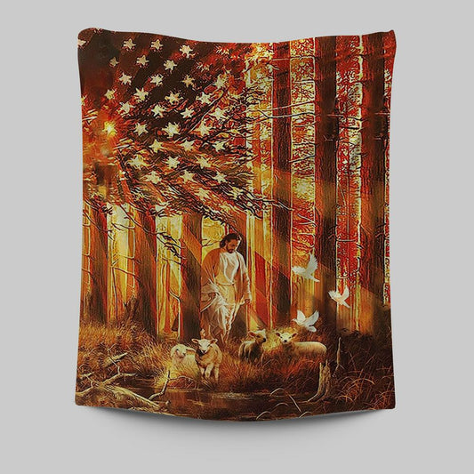 Jesus Walking With The Lambs In Forest Tapestry Art - Christian Art - Bible Verse Wall Art - Religious Home Decor