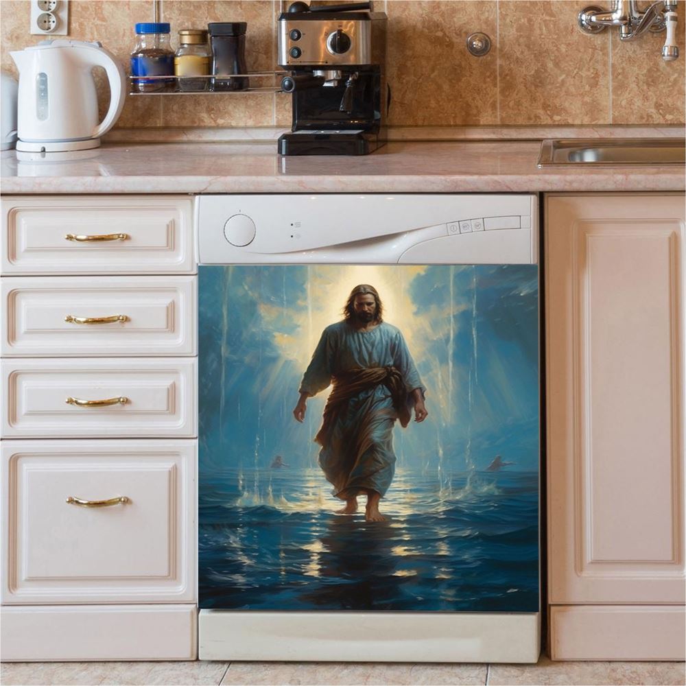 Jesus Walks I Will Walk By Faith Dishwasher Cover, Christian Dishwasher Wrap, Bible Verse Kitchen Decoration
