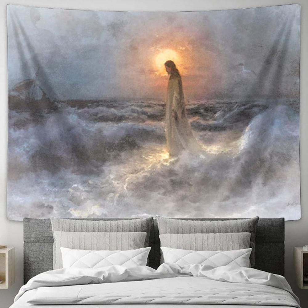 Jesus Walks On The Water Tapestry Art - Christian Wall Art Decor - Jesus Christ Tapestry
