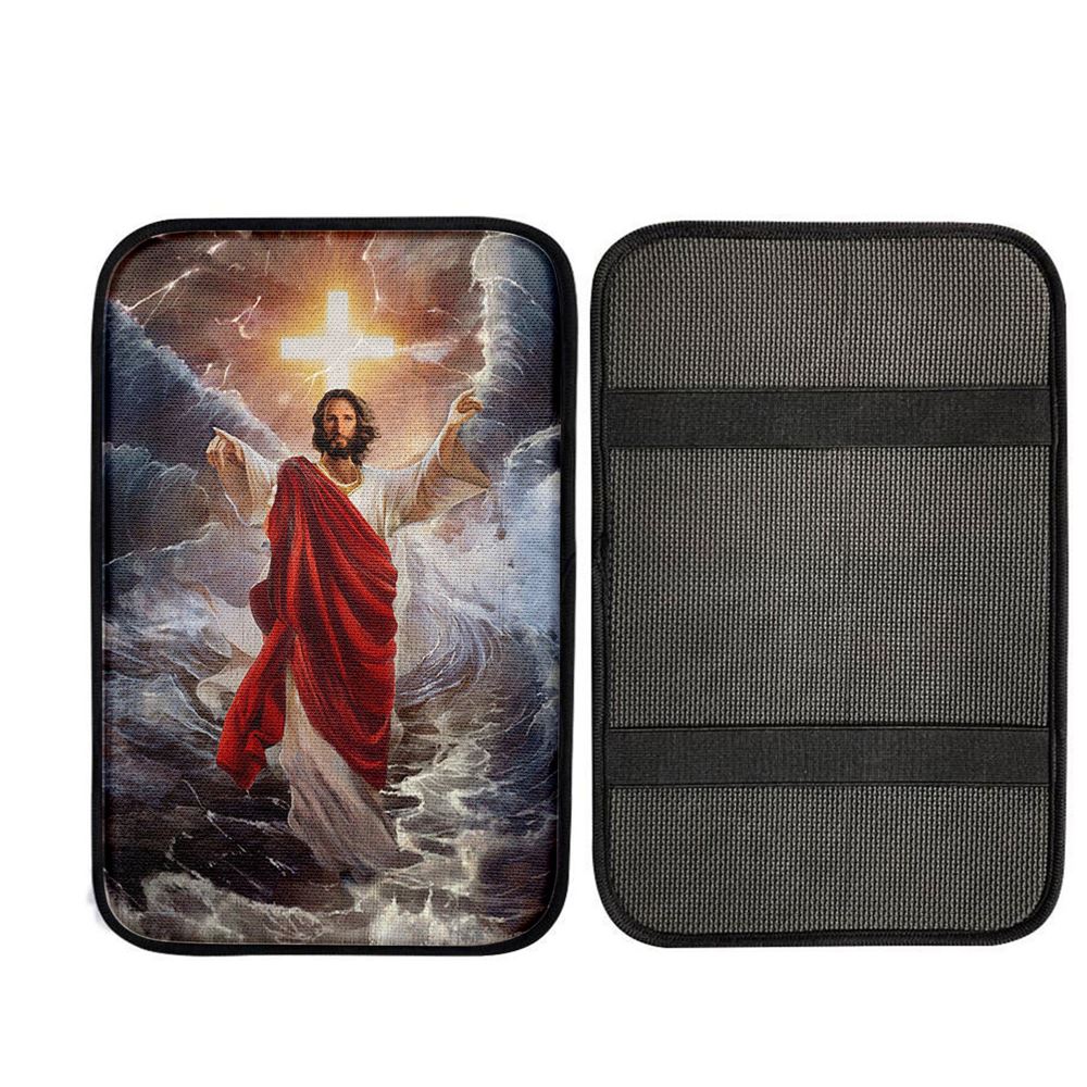 Jesus Walks On Water Cross Light Car Center Console Cover, God Car Armrest Accessories