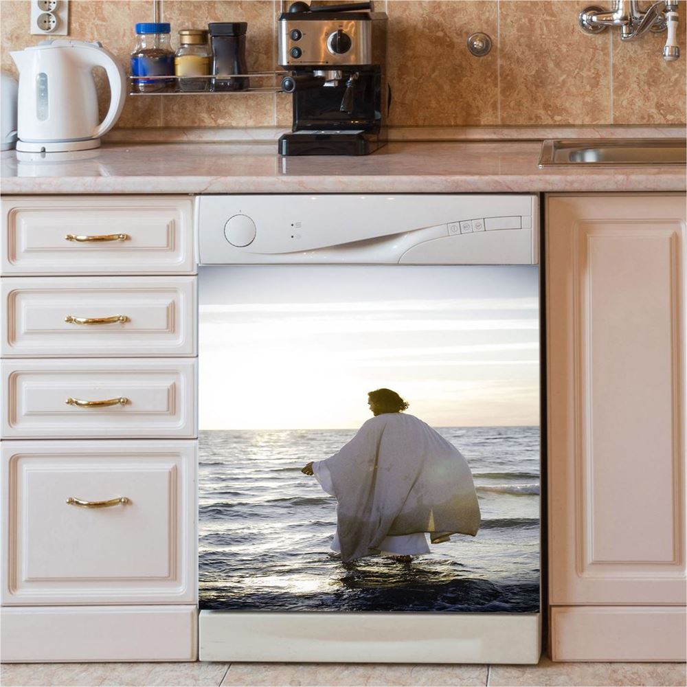 Jesus Walks On Water Cross Light Dishwasher Cover, Jesus Portrait Dishwasher Wrap, Christian Kitchen Decoration