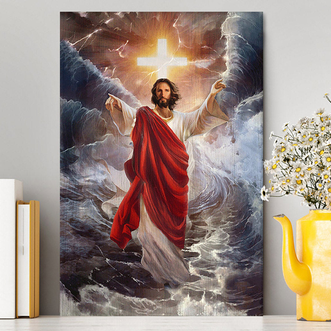 Jesus Walks On Water Cross Light Wall Art Canvas - Jesus Portrait Canvas Prints - Christian Wall Art
