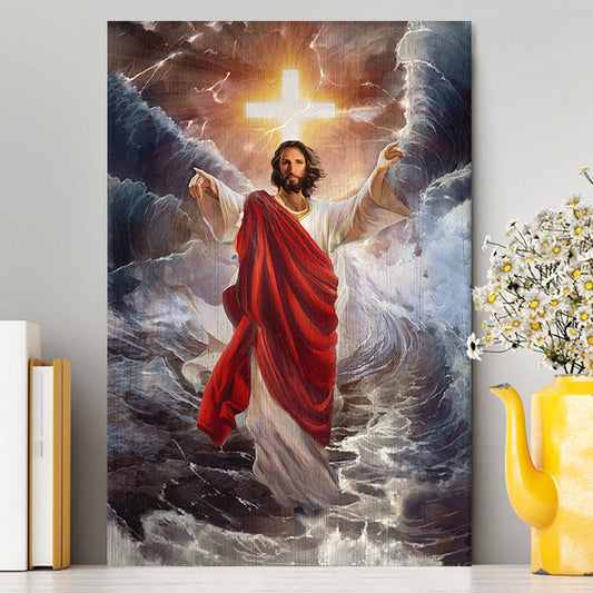 Jesus Walks On Water Cross Light Wall Art Canvas - Jesus Portrait Canvas Prints - Christian Wall Art