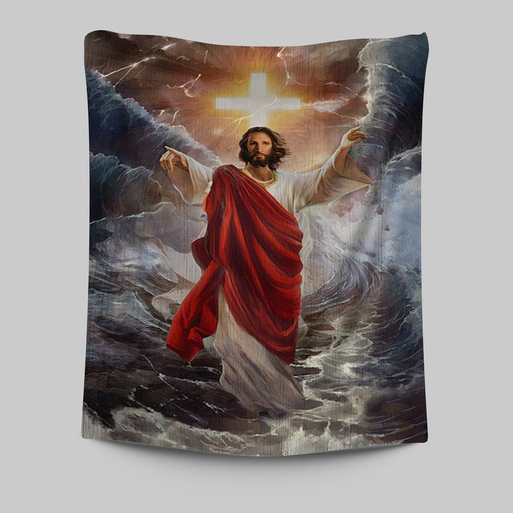 Jesus Walks On Water Cross Light Wall Art Tapestry - Jesus Portrait Tapestry Prints - Christian Wall Art