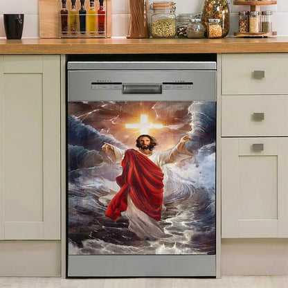 Jesus Walks On Water Dishwasher Cover, God Will Make A Way For You Dishwasher Wrap, Jesus Christ Kitchen Decoration
