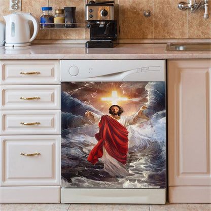 Jesus Walks On Water Dishwasher Cover, God Will Make A Way For You Dishwasher Wrap, Jesus Christ Kitchen Decoration