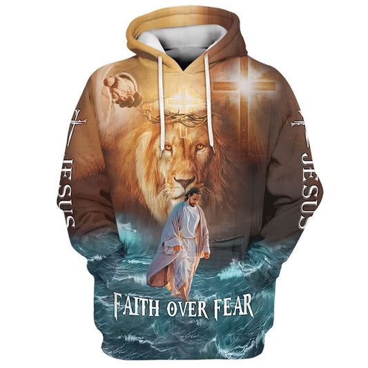 Jesus Walks On Water Faith Over Fear Lion King Hoodies Jesus Hoodie Men & Women, God 3D Printed Hoodie, Christian Apparel Hoodies