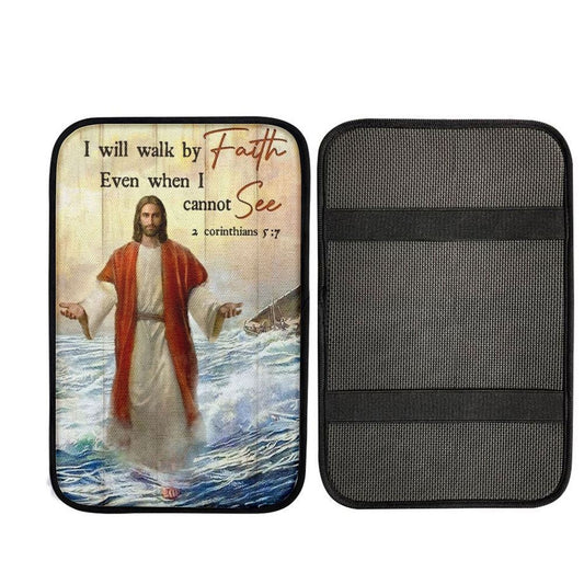 Jesus Walks On Water, Ocean Wave, I Will Walk By Faith Car Center Console Cover, Car Armrest Pad, Christian Gift, Armrest Box Mat