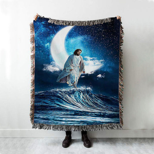 Jesus Walks On Water Throw Blanket Woven Blanket - Jesus Portrait Woven Blanket Prints - Christian Throw Blanket