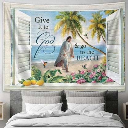 Jesus Walks, Sand Beach, Palm Trees, Give It To God And Go To The Beach Tapestry, Tapestries for Living Room Bedroom