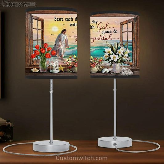 Jesus Walks Start Each Day With God Grace & Gratitude Table Lamb Gift - Bible Verse Table Lamb - Religious Bedroom Decor
