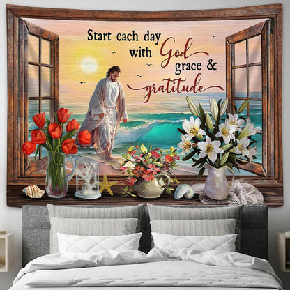 Jesus Walks Start Each Day With God Grace & Gratitude Tapestry Wall Art - Bible Verse Tapestry - Religious Tapestry Wall Hanging
