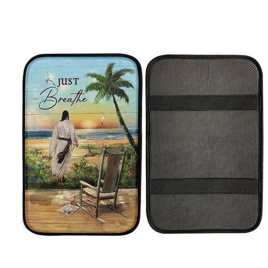 Jesus Walks Sunset Beach Just Breathe Car Armrest Pad, God Car Armrest Accessories
