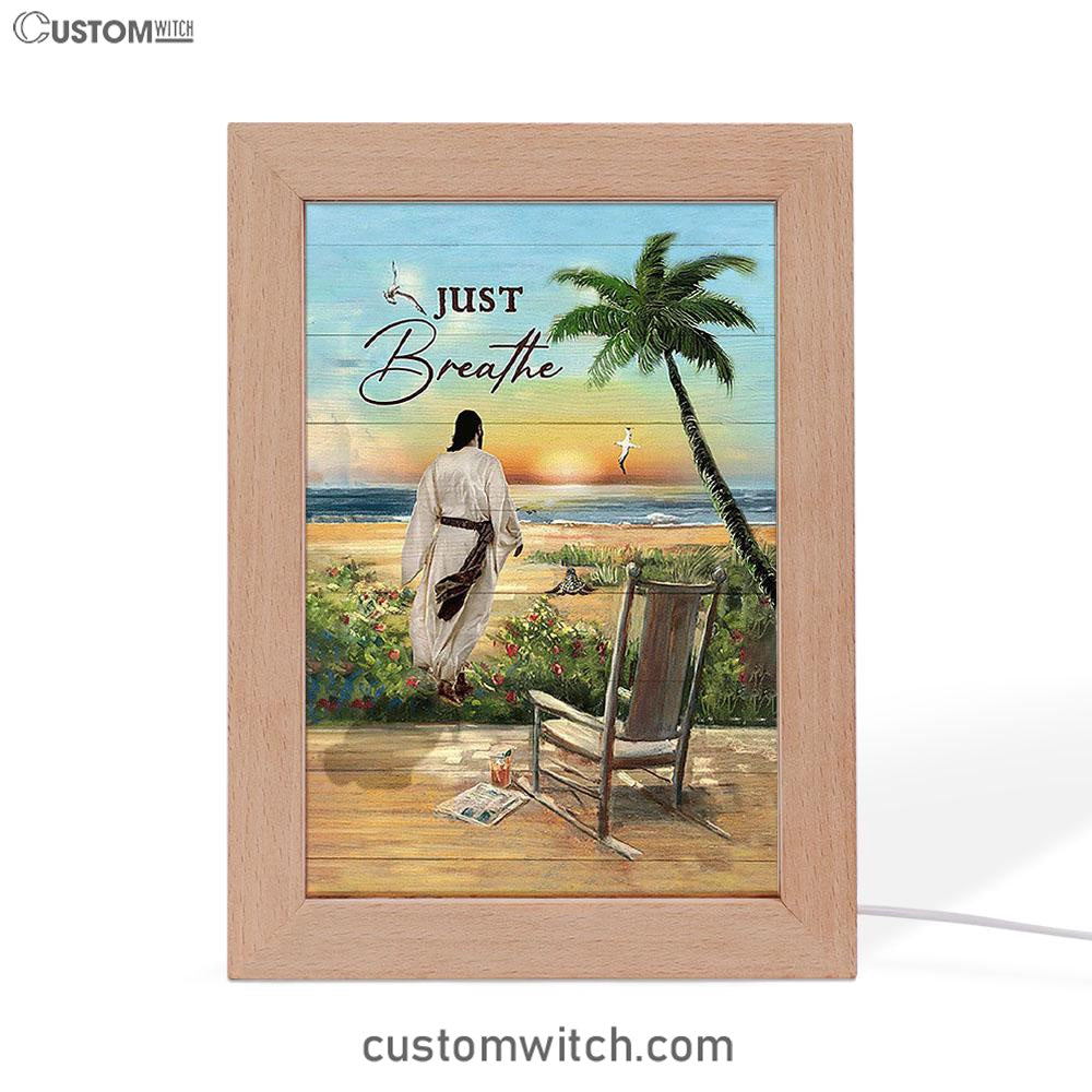 Jesus Walks Sunset Beach Just Breathe Frame Lamp - Christian Art - Religious Home Decor
