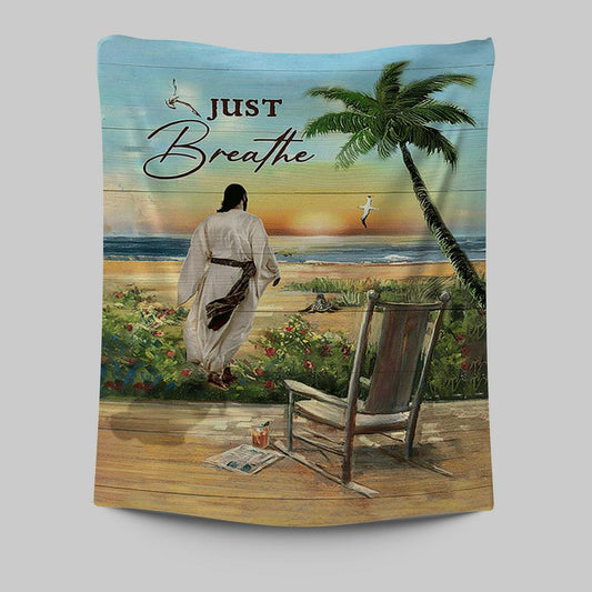 Jesus Walks Sunset Beach Just Breathe Tapestry - Christian Wall Art - Religious Home Decor
