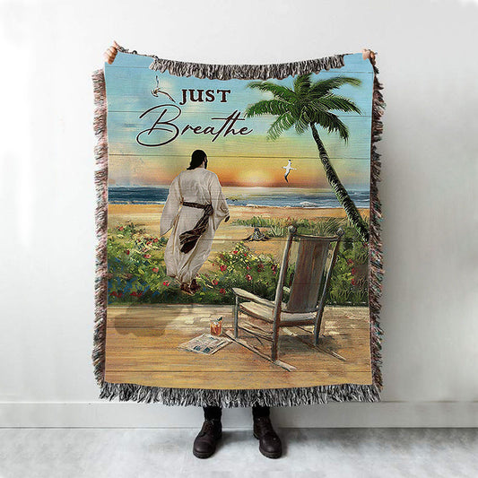Jesus Walks Sunset Beach Just Breathe Woven Blanket - Christian Throw Blanket - Religious Home Decor