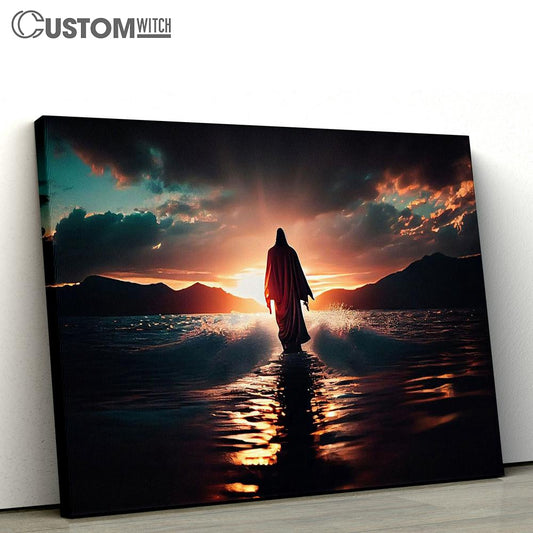 Jesus Walks Water Against Beautiful Sunset Canvas Pictures - Faith Art - Christian Canvas Wall Art Decor