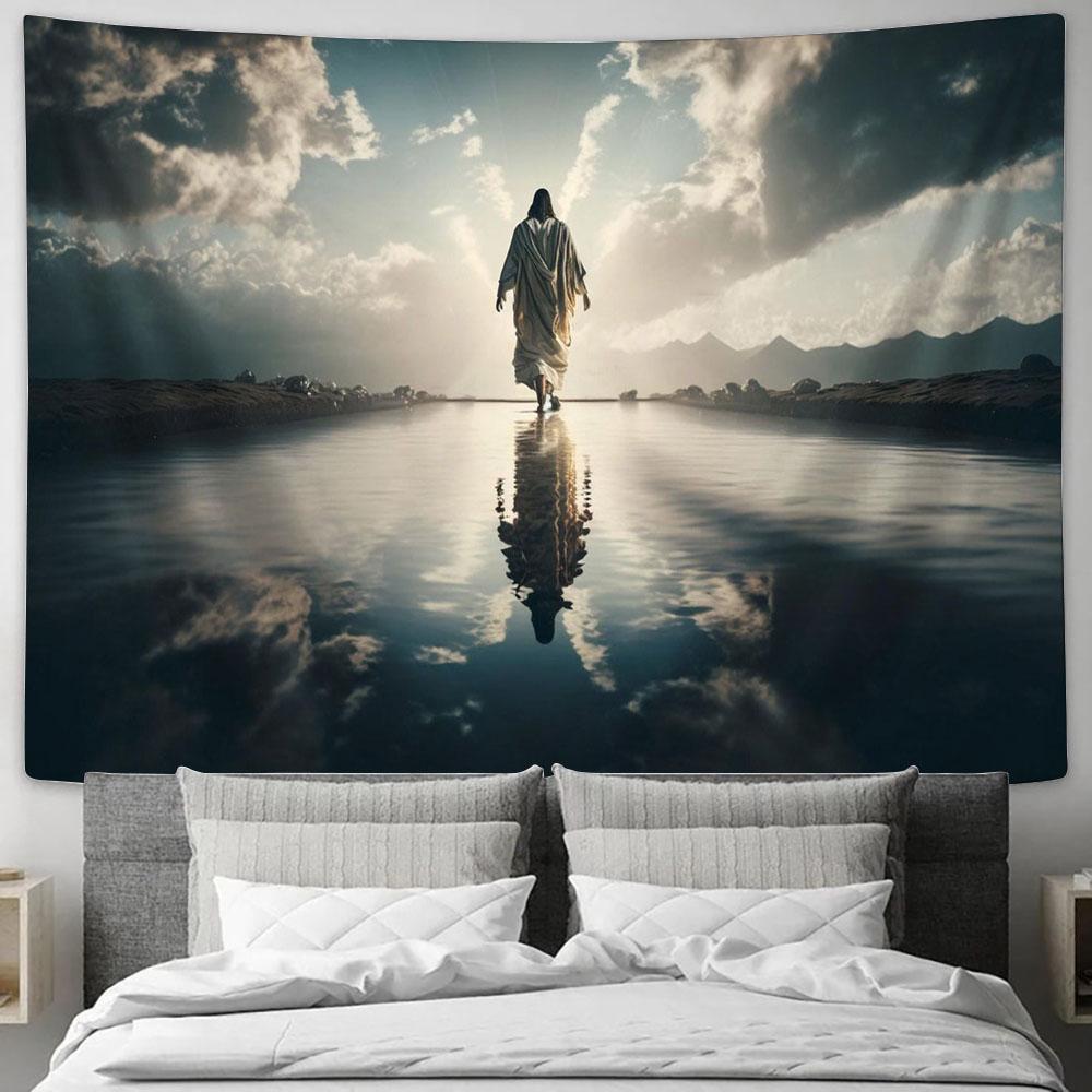 Jesus Walks Water Religious Tapestry Pictures - Faith Art - Christian Tapestry Wall Art Decor