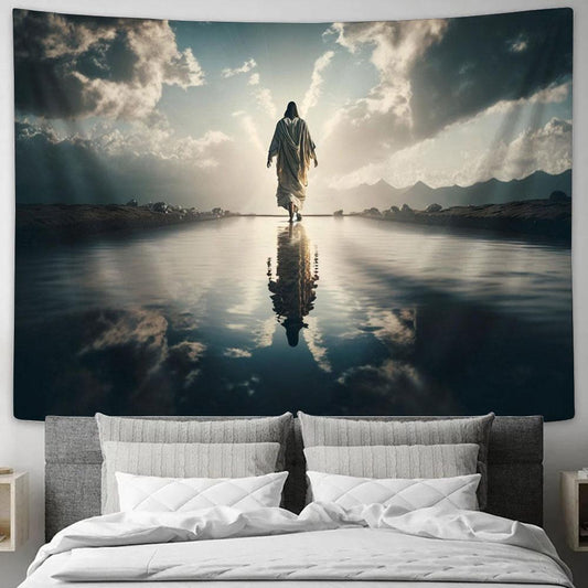 Jesus Walks Water Religious Tapestry Pictures - Faith Art - Christian Tapestry Wall Art Decor
