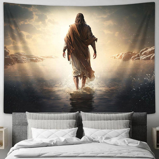 Jesus Walks Water Tapestry Pictures - Faith Art - Christian Tapestry Wall Art Decor