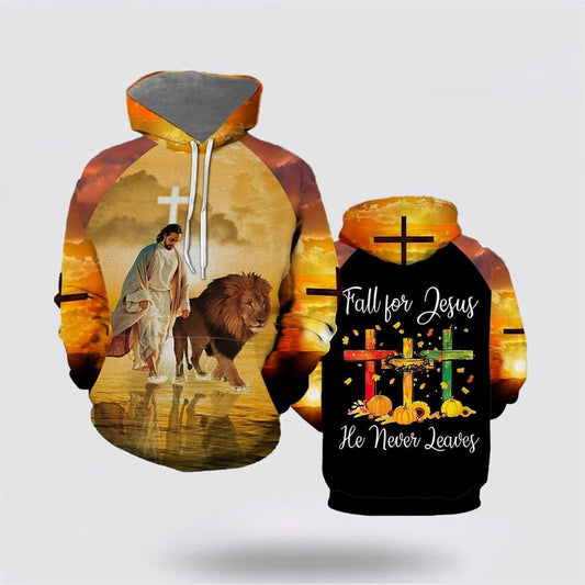 Jesus Walks With Lion Fall For Jesus He Never Leaves 3D Hoodies For Women Men, God 3D Printed Hoodie, Christian Apparel Hoodies