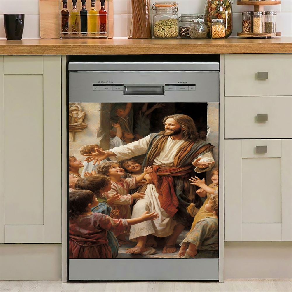Jesus Was Surrounded By Children Dishwasher Cover, Jesus Dishwasher Wrap, Christian Kitchen Decoration