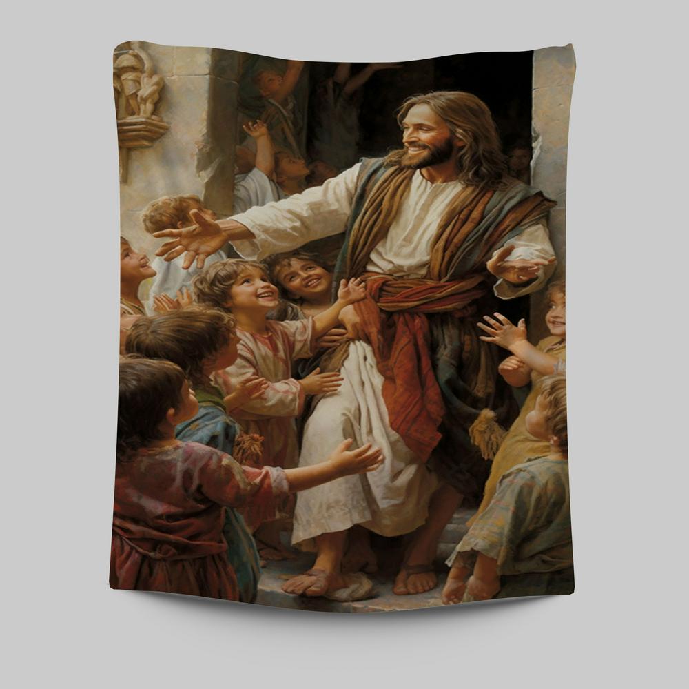 Jesus Was Surrounded By Children Tapestry Prints - Jesus Tapestry Art - Christian Wall Art Decor